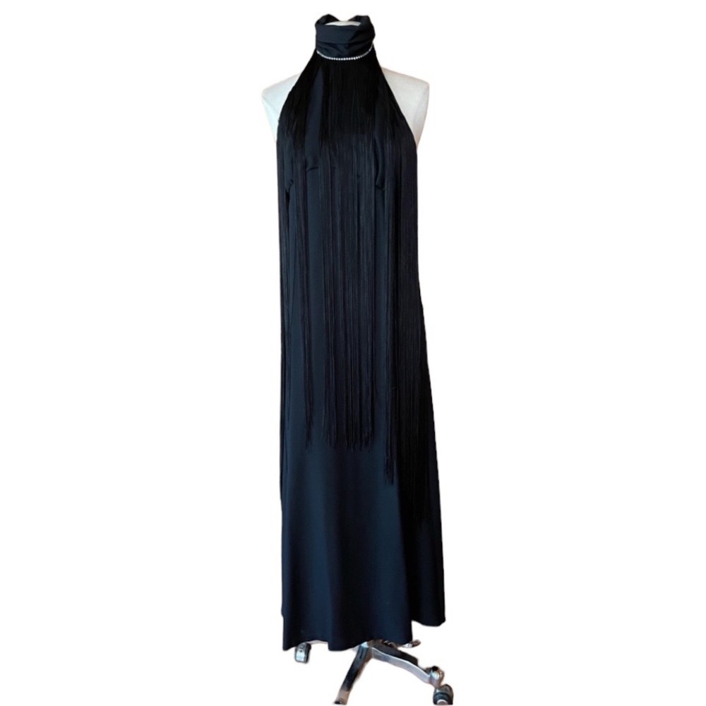 1970s Rhinestone Neck & Fringe Evening Gown